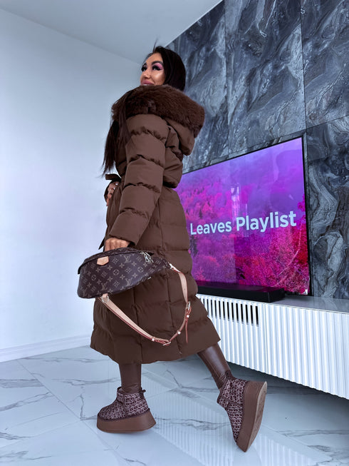 Long WINTER jacket with down hood - chocolate brown PRE-ORDER
